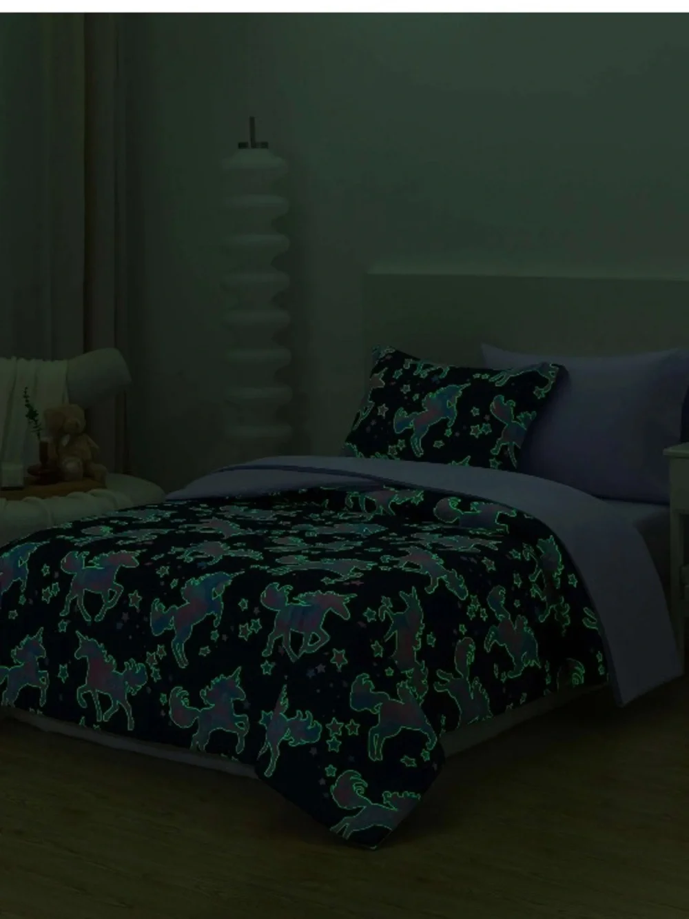 Unicorn Stars Twin Reversible Glow in the Dark Comforter  & Sham Navy & Lavender